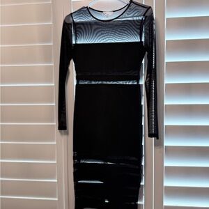 Black Sheer Panel Long Sleeve Bodycon Dress